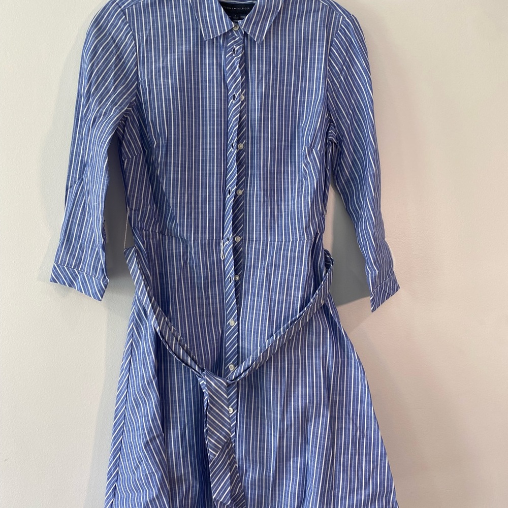 Tommy Hilfiger blue and white striped shirt dress.